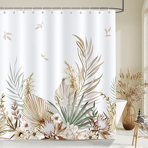 Bonhause Boho Tropische Blätter Blume Gelbes Duschvorhänge 180 x 180 cm Anti-Schimmel Wasserdicht Polyester Stoff Waschbar Bad Vorhäng für Badzimmer mit 12 Haken von Bonhause