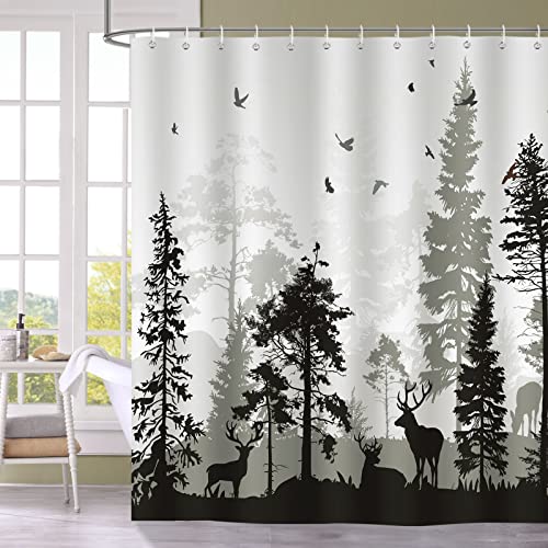 Bonhause Grau Duschvorhang Hirsch im Wald Kiefer und Vögel 180 x 180 cm Duschvorhänge Anti-Schimmel Wasserdicht Polyester Stoff Waschbar Bad Vorhang für Badzimmer mit 12 Haken von Bonhause