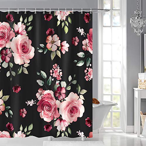 Bonhause Duschvorhang Blumen Rosa Pfingstrose 180 x 180 cm Duschvorhänge Anti-Schimmel Wasserdicht Polyester Stoff Waschbar Bad Vorhang für Badzimmer mit 12 Haken von Bonhause