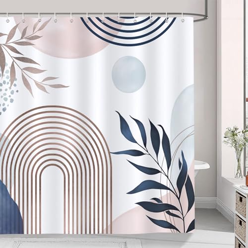 Bonhause Duschvorhang Abstrakt Boho Bogen Blätter Rosa Blau Moderne Duschvorhänge 180 x 180 cm Anti-Schimmel Wasserdicht Polyester Stoff Waschbar Bad Vorhäng für Badzimmer mit 12 Haken von Bonhause