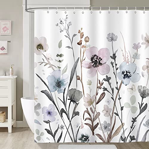 Bonhause Duschvorhang Aquarell Blumen Grau Rosa Duschvorhänge 180 x 180 cm Anti-Schimmel Wasserdicht Polyester Stoff Waschbar Bad Vorhäng für Badzimmer mit 12 Haken von Bonhause