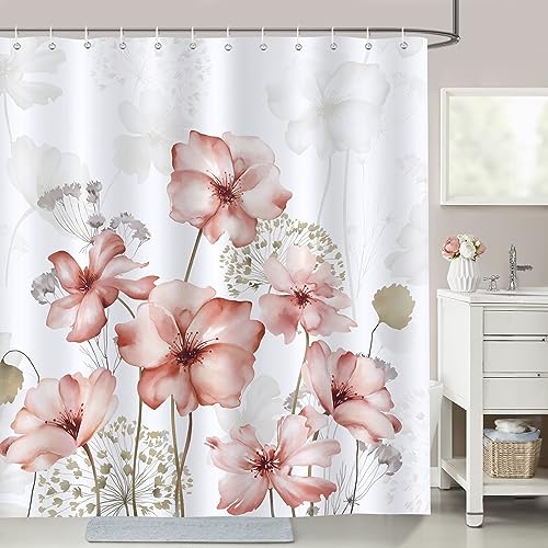 Bonhause Duschvorhang Aquarell Rosa Blumen Pflanzen Duschvorhänge 180 x 180 cm Anti-Schimmel Wasserdicht Polyester Stoff Waschbar Bad Vorhäng für Badzimmer mit 12 Haken von Bonhause