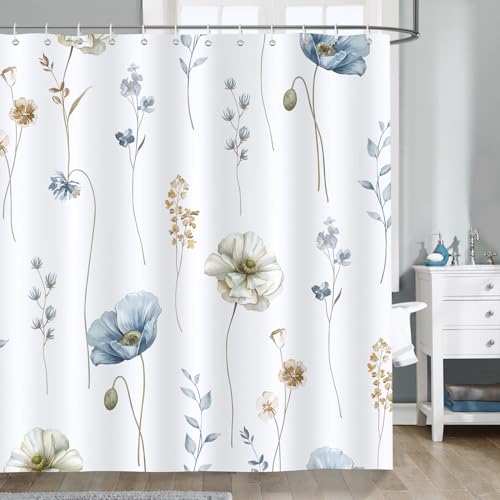 Bonhause Duschvorhang Blau Beige Aquarell Blumen Modern Minimalistisch Duschvorhänge 180 x 180 cm Anti-Schimmel Wasserdicht Polyester Stoff Waschbar Bad Vorhäng für Badzimmer mit 12 Haken von Bonhause