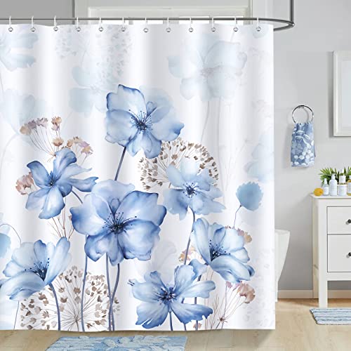 Bonhause Duschvorhang Blaue Blumen Duschvorhänge 180 x 180 cm Anti-Schimmel Wasserdicht Polyester Stoff Waschbar Bad Vorhäng für Badzimmer mit 12 Haken von Bonhause