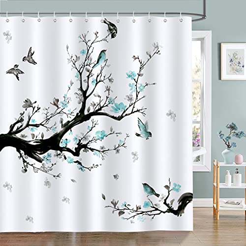 Bonhause Duschvorhang Blaue Blumen Vogel AST Duschvorhänge 180 x 180 cm Anti-Schimmel Wasserdicht Polyester Stoff Waschbar Bad Vorhäng für Badzimmer mit 12 Haken von Bonhause