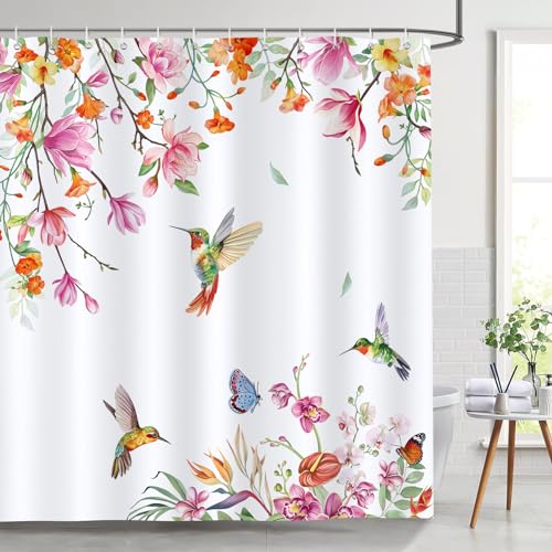 Bonhause Duschvorhang Blume Kolibri Vogel Pflanze Frühling Duschvorhänge 180 x 180 cm Anti-Schimmel Wasserdicht Polyester Stoff Waschbar Bad Vorhäng für Badzimmer mit 12 Haken von Bonhause