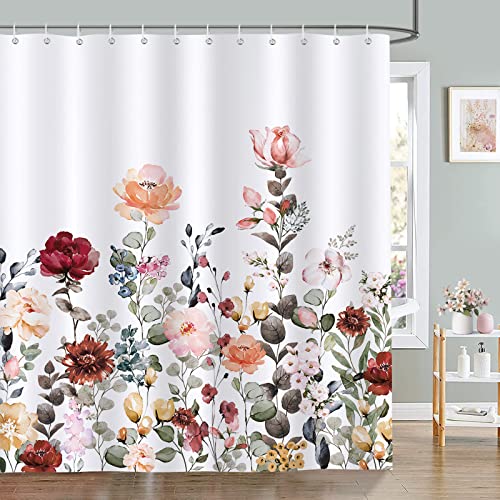 Bonhause Duschvorhang Blumen Blätter Pflanzen Frühling Duschvorhänge 180 x 180 cm Anti-Schimmel Wasserdicht Polyester Stoff Waschbar Bad Vorhäng für Badzimmer mit 12 Haken von Bonhause