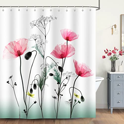 Bonhause Duschvorhang Blumen Rote Mohnblumen Duschvorhänge 180 x 180 cm Anti-Schimmel Wasserdicht Polyester Stoff Waschbar Bad Vorhang für Badzimmer mit 12 Haken von Bonhause