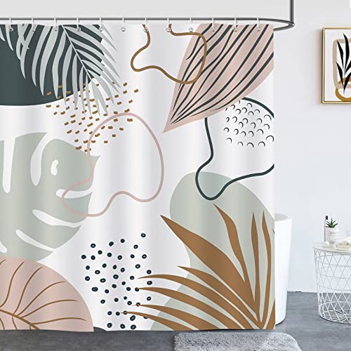 Bonhause Duschvorhang Boho Blätter Abstrakt Moderne Beige Grün Duschvorhänge 180 x 180 cm Anti-Schimmel Wasserdicht Polyester Stoff Waschbar Bad Vorhäng für Badzimmer mit 12 Haken von Bonhause