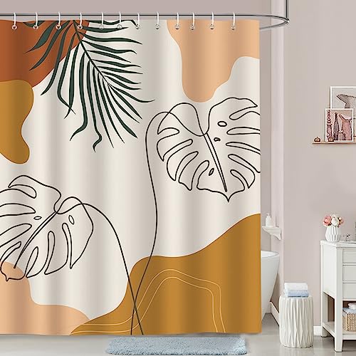 Bonhause Duschvorhang Boho Blätter Abstrakte Kunst Modern Minimalistische Braun Duschvorhänge 180 x 180 cm Anti-Schimmel Wasserdicht Polyester Stoff Waschbar Bad Vorhäng für Badzimmer mit 12 Haken von Bonhause