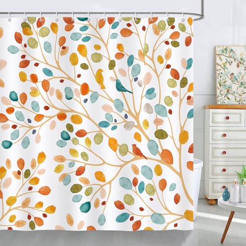 Bonhause Duschvorhang Bunt Blumen Blätter Boho Aquarell Pflanze Modern Abstrakt Duschvorhänge 180 x 180 cm Anti-Schimmel Wasserdicht Polyester Stoff Waschbar Bad Vorhäng für Badzimmer mit 12 Haken von Bonhause