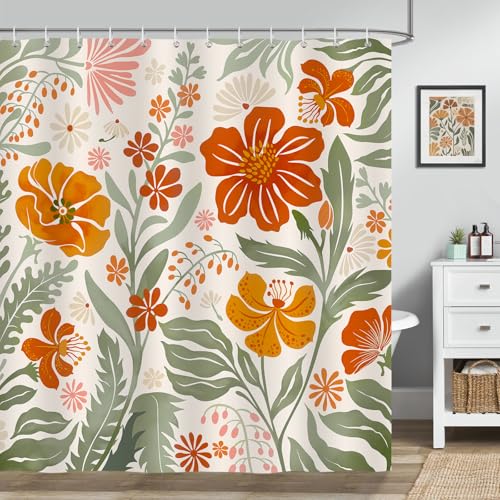 Bonhause Duschvorhang Boho Blumen Blätter Retro Pflanze Modern Abstrak Mid Century Duschvorhänge 180 x 180 cm Anti-Schimmel Wasserdicht Polyester Stoff Waschbar Bad Vorhäng für Badzimmer mit 12 Haken von Bonhause