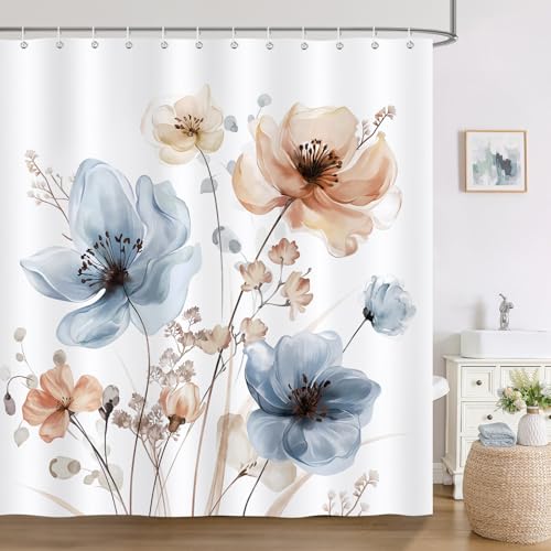 Bonhause Duschvorhang Boho Blumen Blau Rosa Aquarell Pflanze Modern Abstrakt Duschvorhänge 180 x 180 cm Anti-Schimmel Wasserdicht Polyester Stoff Waschbar Bad Vorhäng für Badzimmer mit 12 Haken von Bonhause