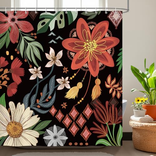 Bonhause Duschvorhang Boho Blumen Tropische Blätter Modern Abstrakt Schwarz Duschvorhänge 180 x 180 cm Anti-Schimmel Wasserdicht Polyester Stoff Waschbar Bad Vorhäng für Badzimmer mit 12 Haken von Bonhause