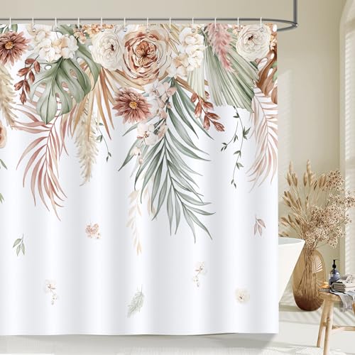 Bonhause Duschvorhang Boho Tropische Blätter Blume Gelbes Braun Plantes Duschvorhänge 180 x 180 cm Anti-Schimmel Wasserdicht Polyester Stoff Waschbar Bad Vorhäng für Badzimmer mit 12 Haken von Bonhause