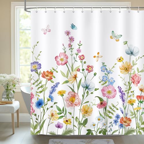 Bonhause Duschvorhang Bunte Aquarell Blumen Frühling Wildblume Pflanze Duschvorhänge 180 x 180 cm Anti-Schimmel Wasserdicht Polyester Stoff Waschbar Bad Vorhäng für Badzimmer mit 12 Haken von Bonhause