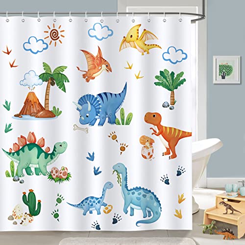 Bonhause Duschvorhang Dinosaurier Bunte Tiere Kinder Duschvorhänge 180 x 180 cm Anti-Schimmel Wasserdicht Polyester Stoff Waschbar Bad Vorhäng für Badzimmer mit 12 Haken von Bonhause