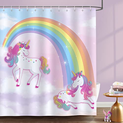 Bonhause Duschvorhang Einhorn Regenbogen Rosa Duschvorhänge für Mädchen 180 x 180 cm Anti-Schimmel Wasserdicht Polyester Stoff Waschbar Bad Vorhäng für Badzimmer mit 12 Haken von Bonhause