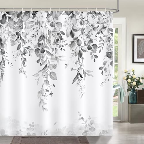 Bonhause Duschvorhang Eukalyptus Blätter Blumen Grau Schwarz Aquarell Pflanze Duschvorhänge 180 x 180 cm Anti-Schimmel Wasserdicht Polyester Stoff Waschbar Bad Vorhäng für Badzimmer mit 12 Haken von Bonhause