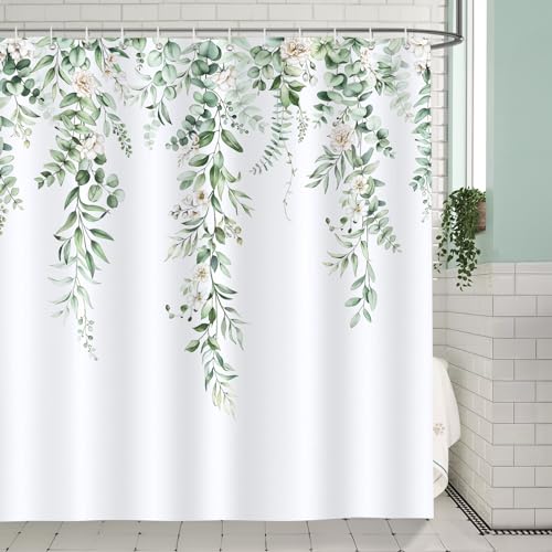 Bonhause Duschvorhang Eukalyptus Blätter Grün Pflanzen Blumen Duschvorhänge 180 x 180 cm Anti-Schimmel Wasserdicht Polyester Stoff Waschbar Bad Vorhäng für Badzimmer mit 12 Haken von Bonhause