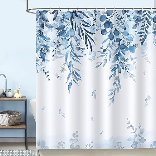 Bonhause Duschvorhang Eukalyptus Blaue Blätter Pflanze Duschvorhänge 180 x 180 cm Anti-Schimmel Wasserdicht Polyester Stoff Waschbar Bad Vorhäng für Badzimmer mit 12 Haken von Bonhause