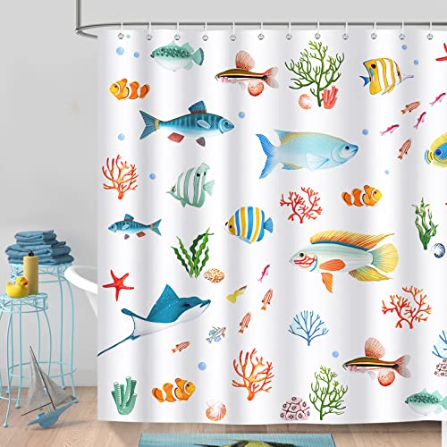 Bonhause Duschvorhang Fisch Koralle Bunte Meereslebewesen Duschvorhänge 180 x 180 cm Anti-Schimmel Wasserdicht Polyester Stoff Waschbar Bad Vorhäng für Badzimmer mit 12 Haken von Bonhause