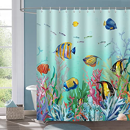 Bonhause Duschvorhang Fische Koralle Unterwasser Ozean Blau Duschvorhänge 180 x 180 cm Anti-Schimmel Wasserdicht Polyester Stoff Waschbar Bad Vorhäng für Badzimmer mit 12 Haken von Bonhause