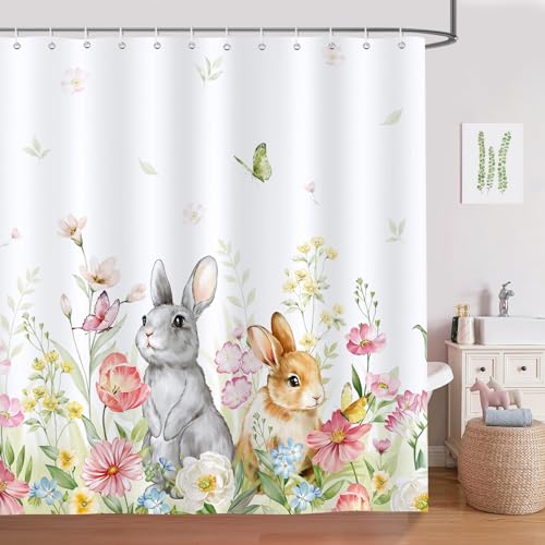 Bonhause Duschvorhang Frühling Ostern Hase Kaninchen Blume Pflanze Duschvorhänge 180 x 180 cm Anti-Schimmel Wasserdicht Polyester Stoff Waschbar Bad Vorhäng für Badzimmer mit 12 Haken von Bonhause