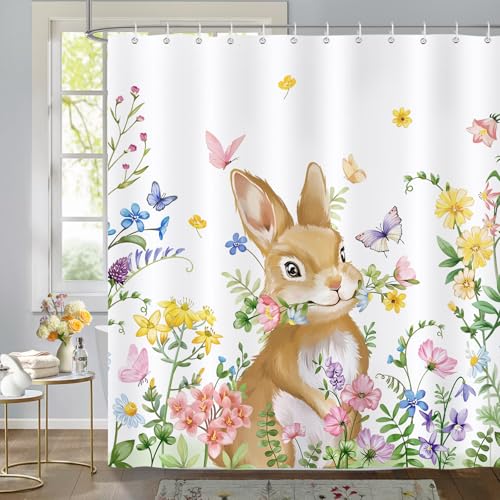 Bonhause Duschvorhang Frühling Ostern Kaninchen Hase Bunte Blume Pflanze Duschvorhänge 180 x 180 cm Anti-Schimmel Wasserdicht Polyester Stoff Waschbar Bad Vorhäng für Badzimmer mit 12 Haken von Bonhause