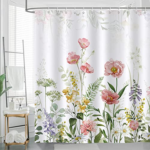 Bonhause Duschvorhang Blume Pflanze Frühling Blätter Duschvorhänge 180 x 180 cm Anti-Schimmel Wasserdicht Polyester Stoff Waschbar Bad Vorhäng für Badzimmer mit 12 Haken von Bonhause