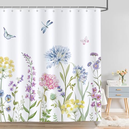 Bonhause Duschvorhang Frühlingsblumen Bunte Blumen Grün Blätter Schmetterling Duschvorhänge 180 x 180 cm Anti-Schimmel Wasserdicht Polyester Waschbar Bad Vorhäng für Badzimmer mit 12 Haken von Bonhause