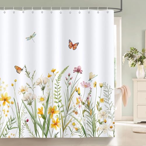 Bonhause Duschvorhang Frühlingsblumen Gelb Weiß Wildblume Pflanze Schmetterling Duschvorhänge 180 x 180 cm Anti-Schimmel Wasserdicht Polyester Stoff Waschbar Bad Vorhäng für Badzimmer mit 12 Haken von Bonhause