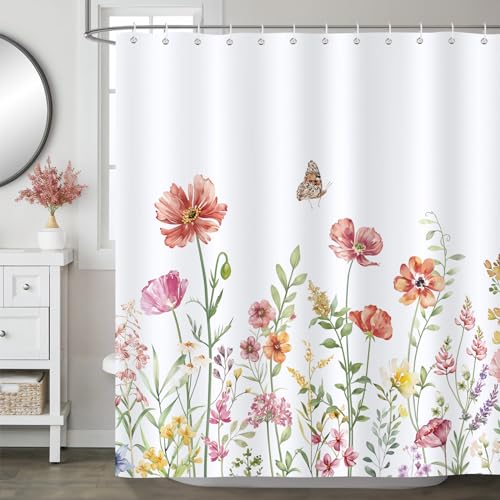 Bonhause Duschvorhang Frühlingsblumen Rote Blumen Grünes Blätter Duschvorhänge 180 x 180 cm Anti-Schimmel Wasserdicht Polyester Stoff Waschbar Bad Vorhäng für Badzimmer mit 12 Haken von Bonhause