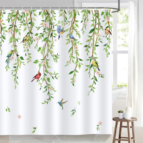 Bonhause Duschvorhang Grün Blätter Vögel Blumen Frühling Duschvorhänge 180 x 180 cm Anti-Schimmel Wasserdicht Polyester Stoff Waschbar Bad Vorhäng für Badzimmer mit 12 Haken von Bonhause