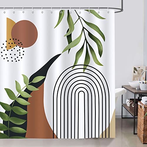 Bonhause Duschvorhang Grüne Blätter Boho-Bogen Sonne Moderne Abstrakt Duschvorhänge 180 x 180 cm Anti-Schimmel Wasserdicht Polyester Stoff Waschbar Bad Vorhäng für Badzimmer mit 12 Haken von Bonhause