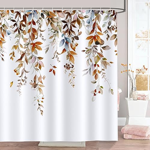 Bonhause Duschvorhang Herbst Aquarell Eukalyptus Blätter Pflanzen Duschvorhänge 180 x 180 cm Anti-Schimmel Wasserdicht Polyester Stoff Waschbar Bad Vorhäng für Badzimmer mit 12 Haken von Bonhause