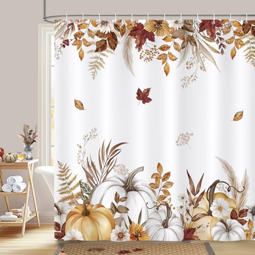 Bonhause Duschvorhang Herbst Kürbis Ahornblätter Erntedankfest Braun Duschvorhänge 180 x 180 cm Anti-Schimmel Wasserdicht Polyester Stoff Waschbar Bad Vorhäng für Badzimmer mit 12 Haken von Bonhause
