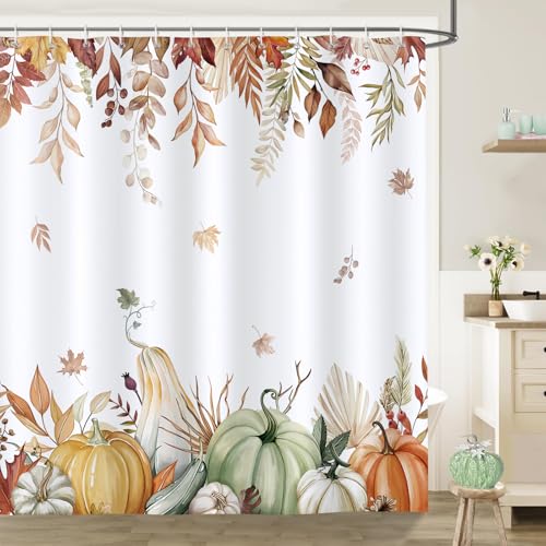 Bonhause Duschvorhang Herbst Kürbis Ahornblätter Erntedankfest Pflanzen Duschvorhänge 180 x 180 cm Anti-Schimmel Wasserdicht Polyester Stoff Waschbar Bad Vorhäng für Badzimmer mit 12 Haken von Bonhause