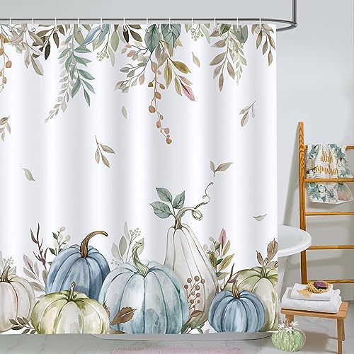 Bonhause Duschvorhang Herbst Kürbis Grünes Blatt Ernte Erntedankfest Duschvorhänge 180 x 180 cm Anti-Schimmel Wasserdicht Polyester Stoff Waschbar Bad Vorhäng für Badzimmer mit 12 Haken von Bonhause