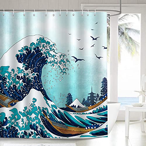 Bonhause Duschvorhang Japanische Welle Kanagawa Ozean Blau Duschvorhänge 180 x 180 cm Anti-Schimmel Wasserdicht Polyester Stoff Waschbar Bad Vorhäng für Badzimmer mit 12 Haken von Bonhause