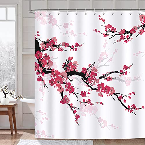 Bonhause Duschvorhang Kirschblüten Japanisch Rote Blumen Duschvorhänge 180 x 200 cm Anti-Schimmel Wasserdicht Polyester Stoff Waschbar Bad Vorhäng für Badzimmer mit 12 Haken von Bonhause