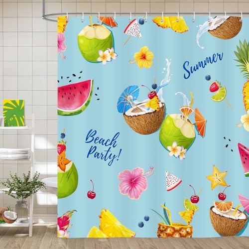 Bonhause Duschvorhang Kokosnuss Sommer Tropisch Obst Ananas Wassermelone Duschvorhänge 180 x 180 cm Anti-Schimmel Wasserdicht Polyester Stoff Waschbar Bad Vorhäng für Badzimmer mit 12 Haken von Bonhause