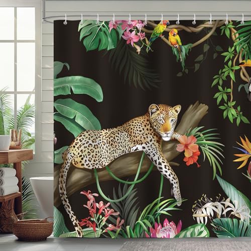 Bonhause Duschvorhang Leopard Schwarz Tropische Palmblätter Dschungel Duschvorhänge 180 x 180 cm Anti-Schimmel Wasserdicht Polyester Stoff Waschbar Bad Vorhäng für Badzimmer mit 12 Haken von Bonhause