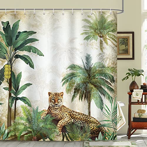 Bonhause Duschvorhang Leopard im Dschungel Tropische Palme Duschvorhänge 180 x 180 cm Anti-Schimmel Wasserdicht Polyester Stoff Waschbar Bad Vorhäng für Badzimmer mit 12 Haken von Bonhause