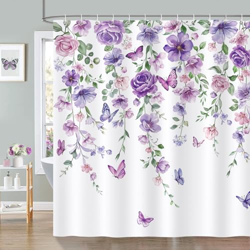 Bonhause Duschvorhang Lila Floral Schmetterling Aquarell Blumen Blätter Duschvorhänge 180 x 180 cm Anti-Schimmel Wasserdicht Polyester Stoff Waschbar Bad Vorhäng für Badzimmer mit 12 Haken von Bonhause