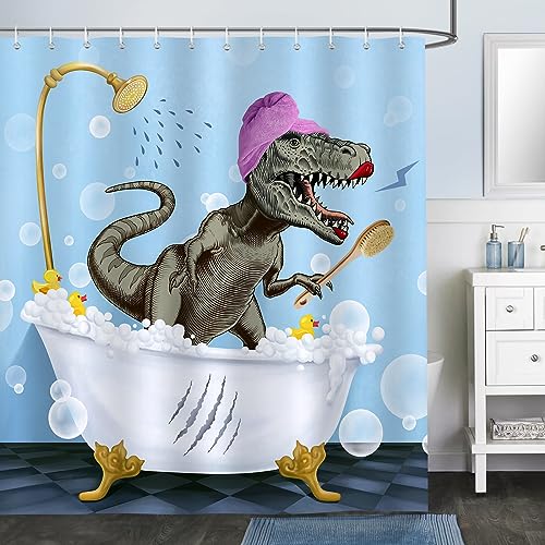 Bonhause Duschvorhang Lustig Dinosaurier Blau Modern Duschvorhänge 180 x 180 cm Anti-Schimmel Wasserdicht Polyester Stoff Waschbar Bad Vorhäng für Badzimmer mit 12 Haken von Bonhause