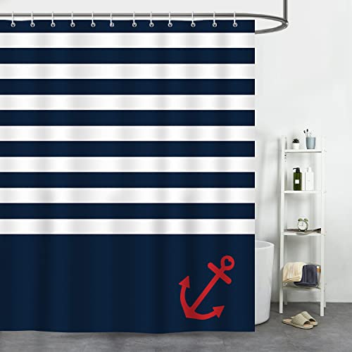 Bonhause Duschvorhang Marineblau Streifen Nautische Anker Duschvorhänge 180 x 180cm Anti-Schimmel Wasserdicht Polyester Stoff Waschbar Bad Vorhang für Badzimmer mit 12 Haken von Bonhause