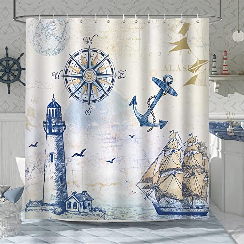 Bonhause Duschvorhang Maritim Nautische Anker Leuchtturm Segelboot Duschvorhänge 180 x 200 cm Anti-Schimmel Wasserdicht Polyester Stoff Waschbar Bad Vorhäng für Badzimmer mit 12 Haken von Bonhause