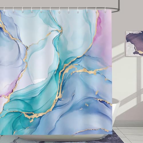 Bonhause Duschvorhang Marmor Rosa Lila Blau Türkis Aquarell Modern Abstrakt Duschvorhänge 180 x 180 cm Anti-Schimmel Wasserdicht Polyester Stoff Waschbar Bad Vorhäng für Badzimmer mit 12 Haken von Bonhause