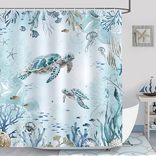 Bonhause Duschvorhang Meeresschildkröte Blauer Ozean Strand Küste Duschvorhänge 180 x 180 cm Anti-Schimmel Wasserdicht Polyester Stoff Waschbar Bad Vorhäng für Badzimmer mit 12 Haken von Bonhause